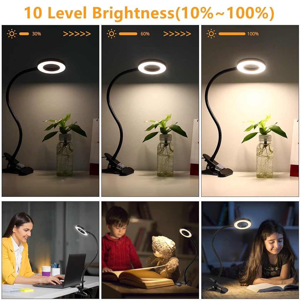 Verilux® LED Desk Lamp Clip Light, 10 Dimmable Brightness 3 Light Modes Reading Light, Study Lamp USB Desk Lamp for Reading, Painting, Studying