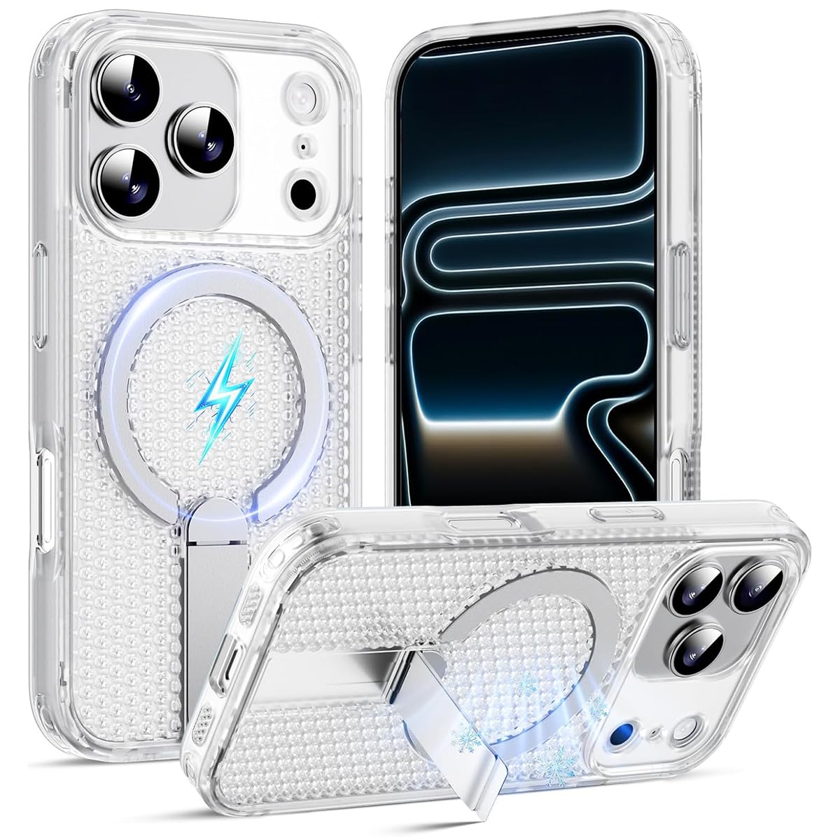 ZORBES® Compatible with iPhone17 Pro, TPU Fashion Honeycomb Clear Phone Case with Folding Metal Bracket, Magnetic Attracting Ring for Wireless Charging & Magnetic Car Mounts