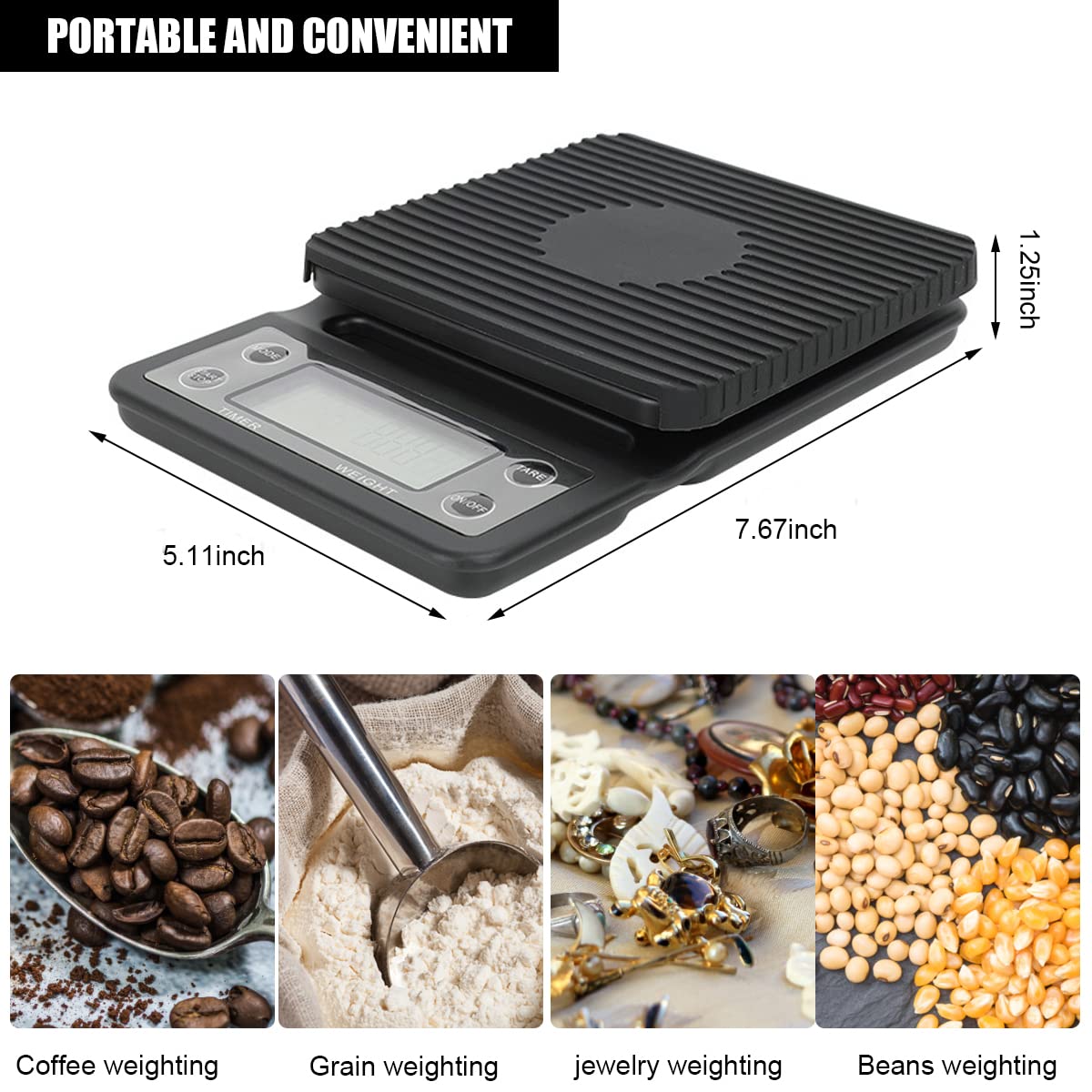 Verilux Digital Kitchen Scale for Coffee and Food with 3kg 0.1g Precision Sensor | Timer Function