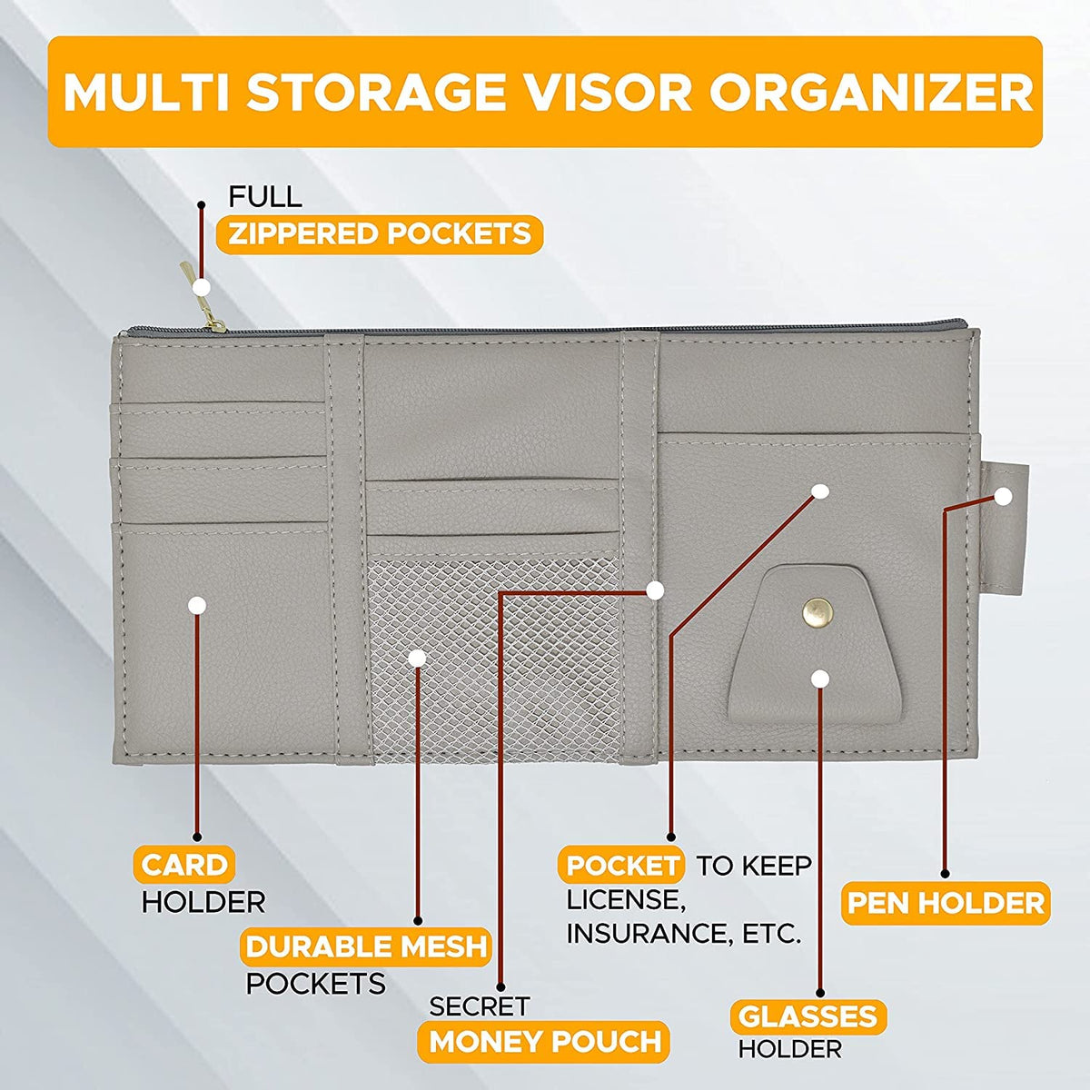 PU Leather Multi-Function Car Space Sun Visor Organizer Hanging(Grey)