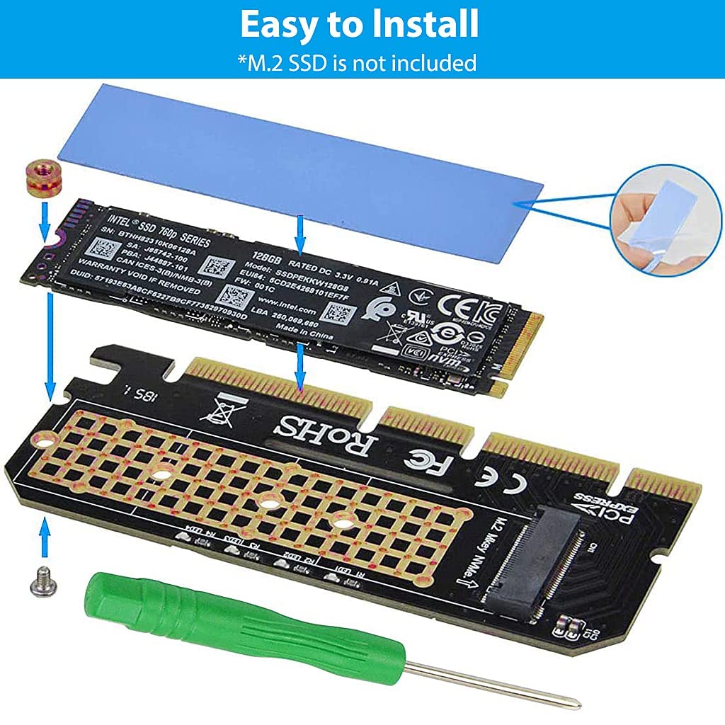 Verilux NVMe Adapter PCIe x16 for M.2 SSD 2230 2242 2260 2280 | with Gel Pad and Screwdriver