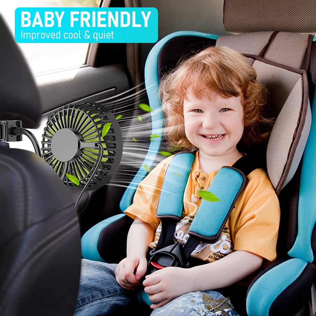 Verilux USB Fan for Car Back Seat with 3 Speed Flexible Arm and Headrest Mount | Plug and Play
