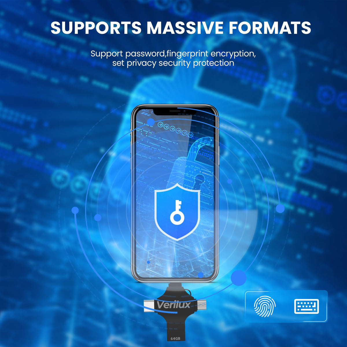 Verilux Pendrive 64GB for iPhone and Android featuring 4 in 1 USB Type C Connector | Black