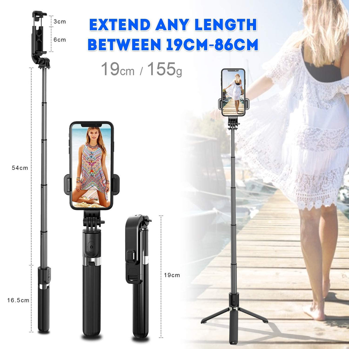Verilux Bluetooth Extendable Selfie Stick with Wireless Remote& Tripod & Detachable Pan-Tilt for Samsung/Oppo/iPhone/Vivo/OnePlus/CameraAll Smart Phones-82cm Long Rotatable