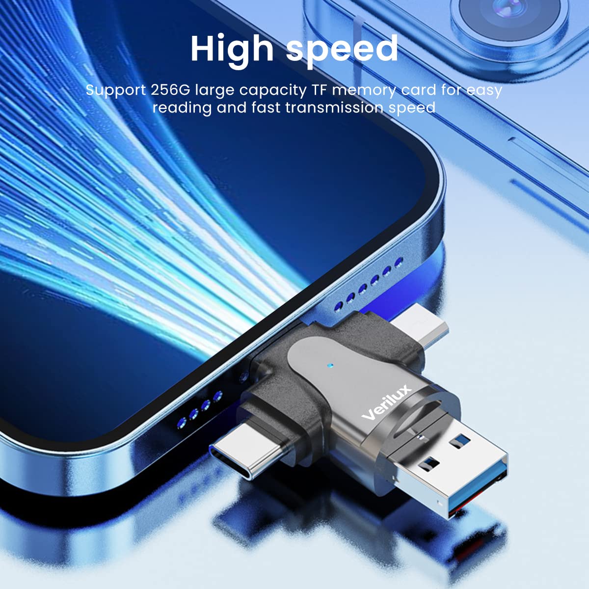 Verilux Micro SD Card Reader 4 in 1 with USB 3.0, Type C, Micro USB and Lightning | Compatible with iPhone, iPad, Android, Macbook and PC