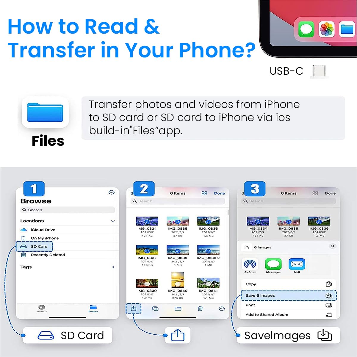 Verilux Card Reader for iPhone iPad and PC featuring 5 in 1 Design with 2 USB3.0 Ports | Supports Charging and Data Transfer