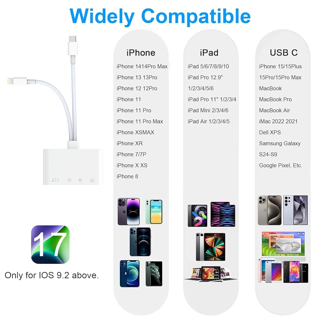 Verilux® Multi Card Reader for iPhone SD Card Reader 4 in 2 SD Card Reader USB C/Light-ning to SD/TF Card Flash Drive Reader Support Fast Charging for iOS Devices Portable Multi Card Reader