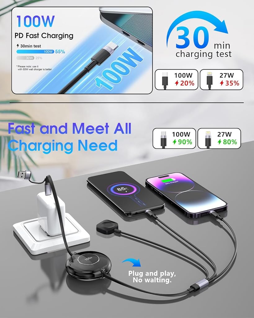 Verilux® 6 in 1 USB C Charging Cable Retractable USB C Charging Cable with Apple Watch Wireless Charger Support Max 100W PD Fast Charging Compatible with iPhone 15/14/13, Samsung, Apple Watch