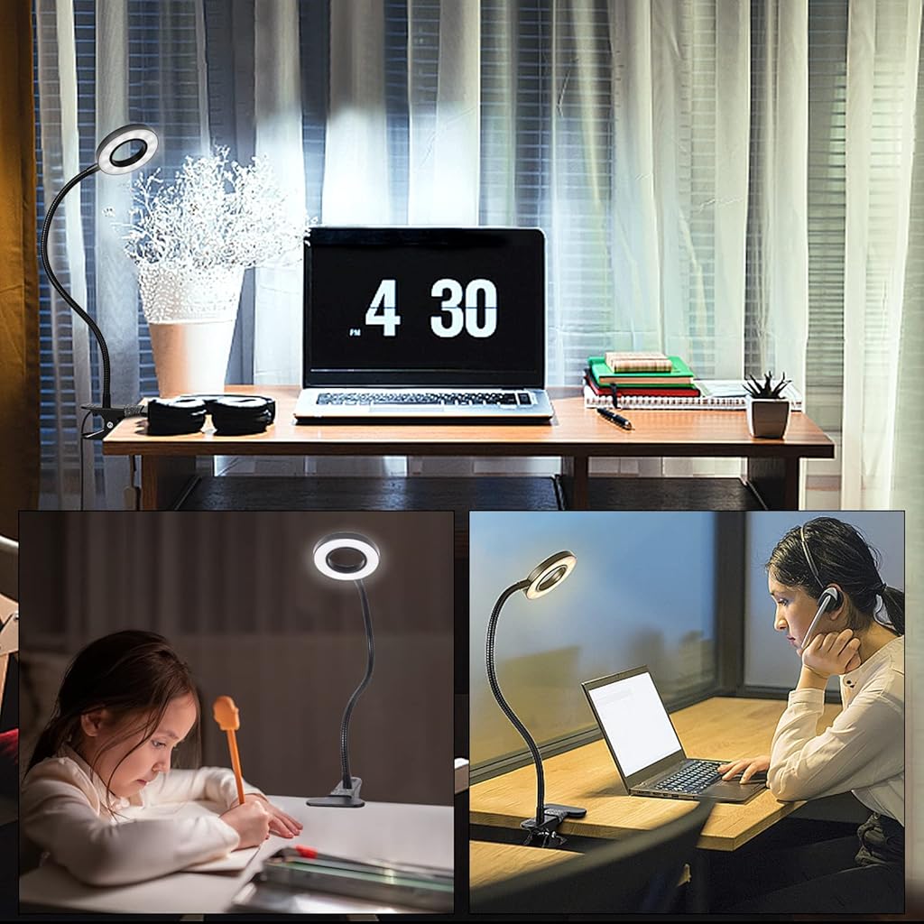 Verilux® LED Desk Lamp Clip Light, 10 Dimmable Brightness 3 Light Modes Reading Light, Study Lamp USB Desk Lamp for Reading, Painting, Studying