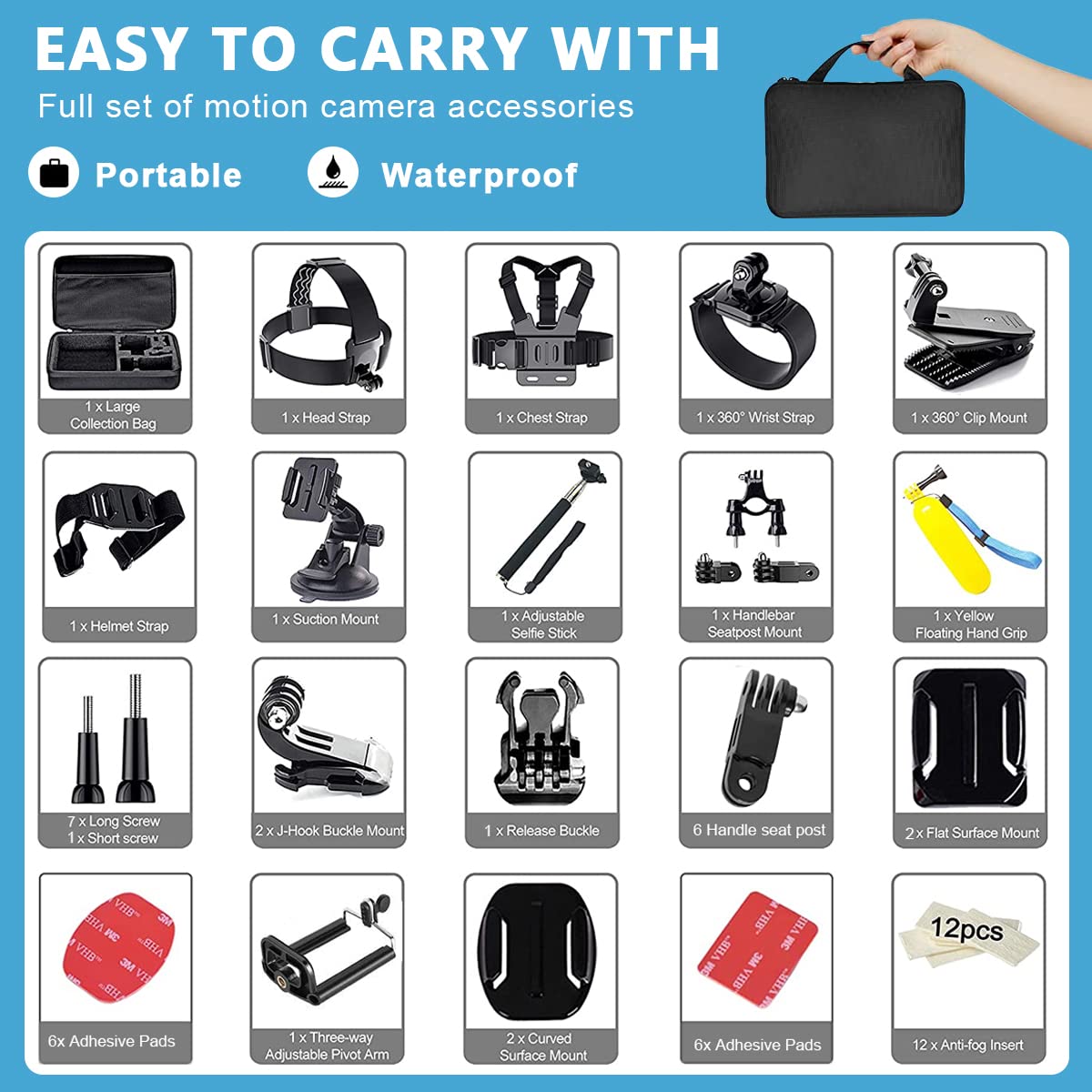 ZORBES® 53 in 1 Camera Accessories Kit for Gopro Hero 11 10 9 8 7 6 5 4 3+, 53 in 1 Go Pro Black Bundle, Mount Set for Go Pro Fusion Silver Max Session or Akaso or DJI Osmo