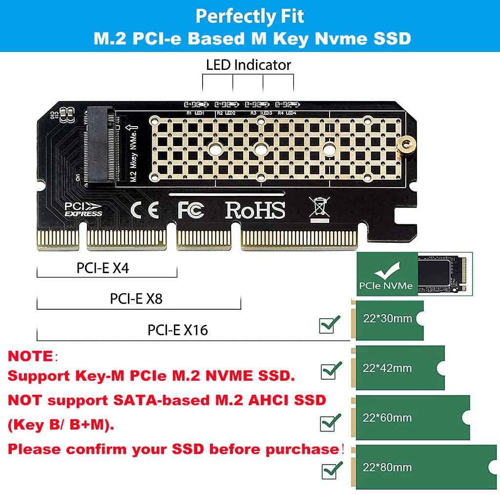 Verilux NVMe Adapter PCIe x16 for M.2 SSD 2230 2242 2260 2280 | with Gel Pad and Screwdriver