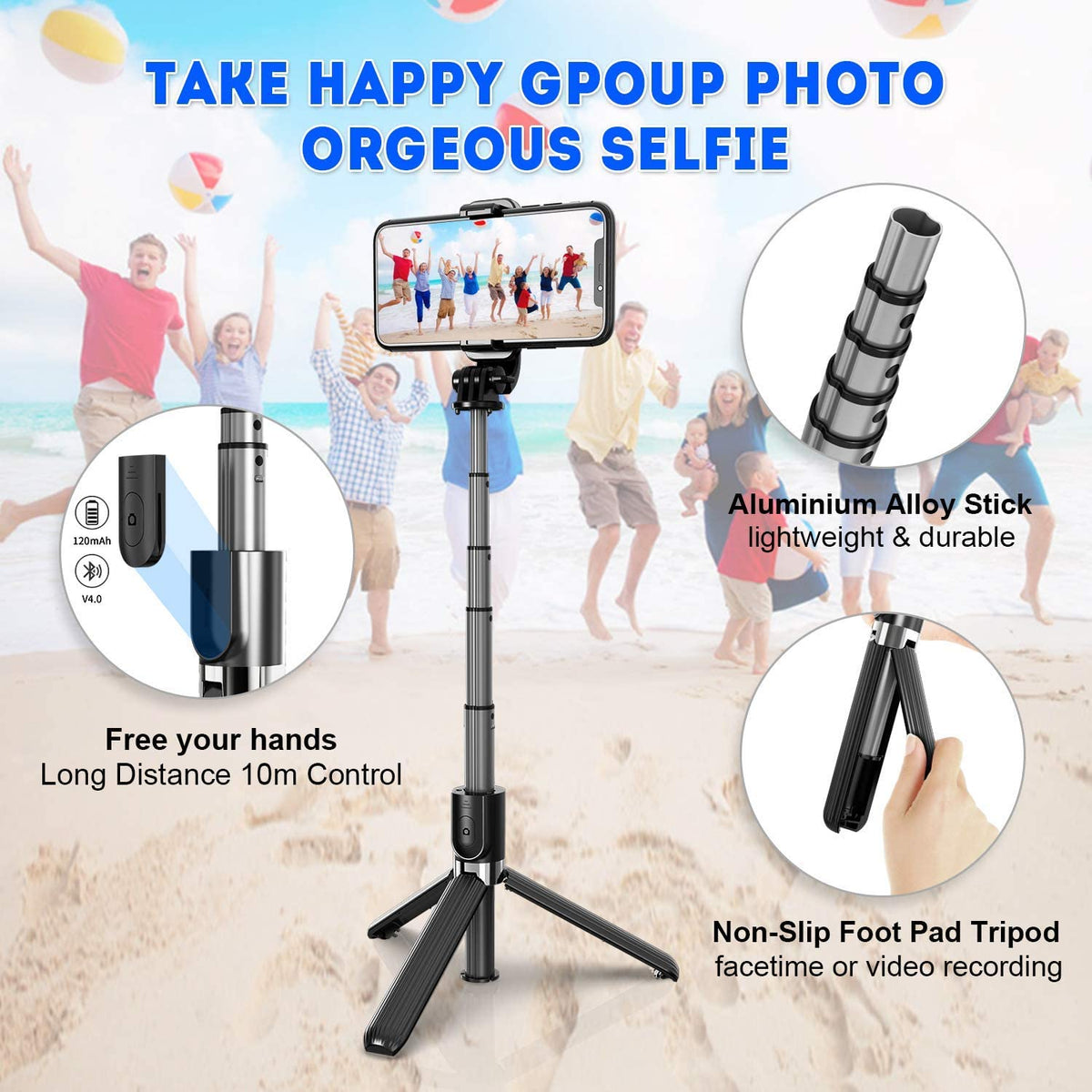 Verilux Bluetooth Extendable Selfie Stick with Wireless Remote& Tripod & Detachable Pan-Tilt for Samsung/Oppo/iPhone/Vivo/OnePlus/CameraAll Smart Phones-82cm Long Rotatable