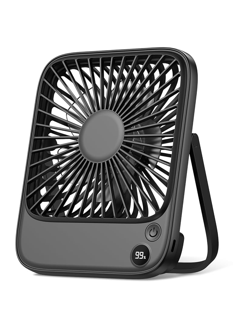 Verilux® USB Fan Mini Desk Fan with Kickstand 4-Speed USB Cooling Fan Travel Tabletop Fan 5000mAh USB Rechargeable USB Fan for Office, Dorm, Kitchen, Black