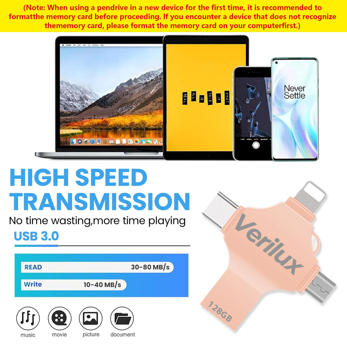 Verilux Pendrive 128GB for iPhone and Android featuring 4 in 1 Connectors | Pink Metal Design