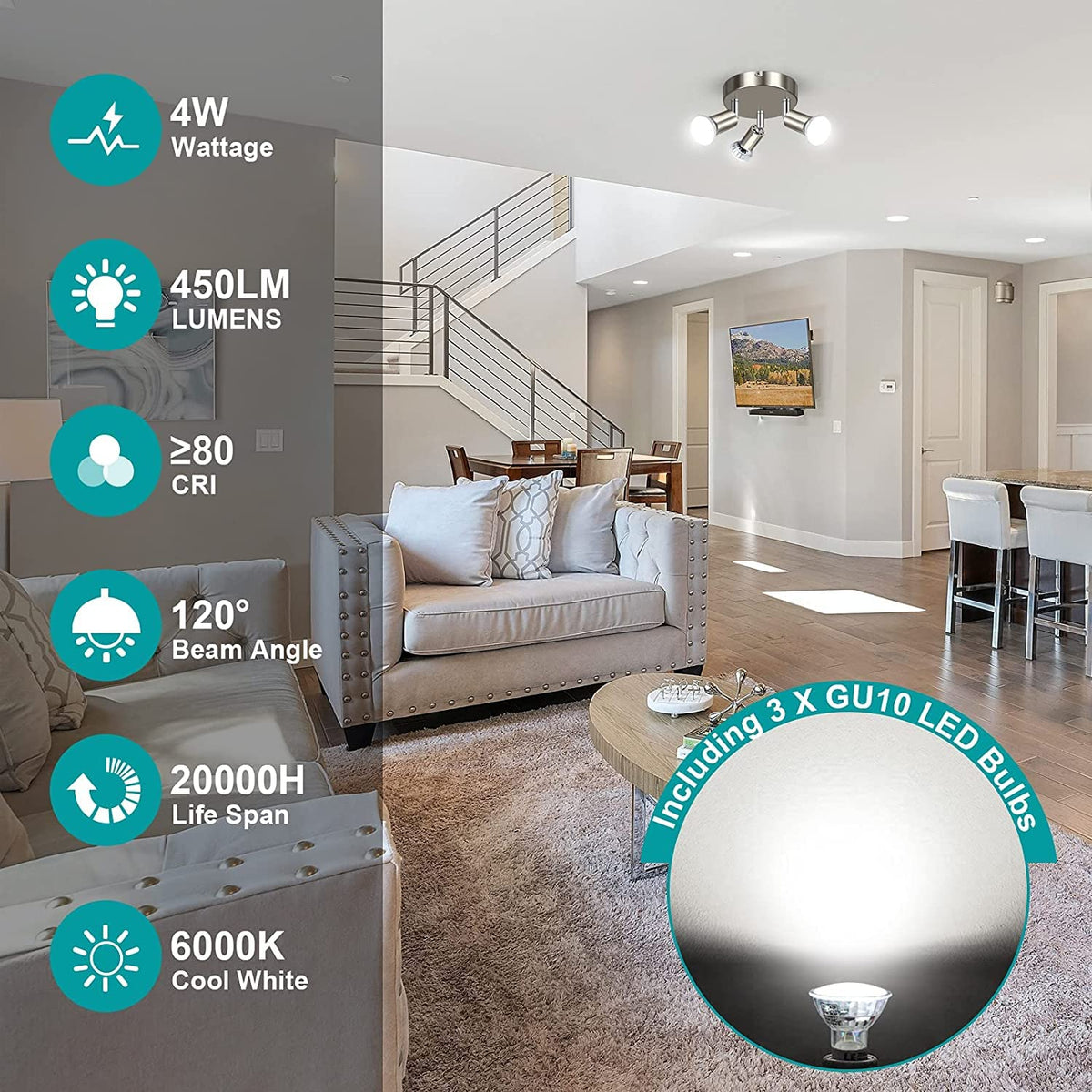 Verilux LED Ceiling Spotlight for Kitchen and Living Room with 3 Way Rotatable Heads | Includes 3 GU10 Bulbs 4W 400LM 6000K White