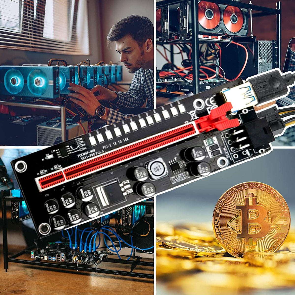 Verilux® 1 Pack VER012 Pro 10 Capacitor Pcie Riser Extension Adapter Card ETH Mining Powered Riser Adapter Card for GPU with 23.6 inch USB 3.0 Cable