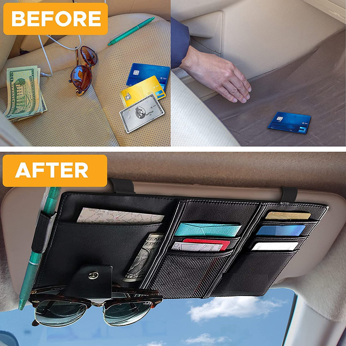 PU Leather Multi-Function Car Space Sun Visor Organizer Hanging(Black)