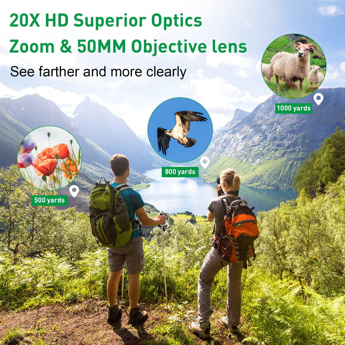 ZORBES® 20x50 High Rate Binocular, Binoculars for Long Distance Compact HD Professional/Daily Waterproof Binoculars Telescope for Kids Adults Bird Watching Travel Hunting Football Games Stargazing