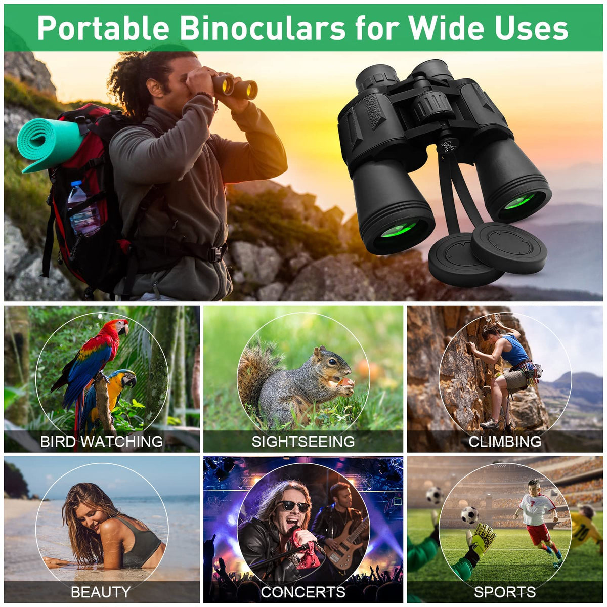 ZORBES® 20x50 High Rate Binocular, Binoculars for Long Distance Compact HD Professional/Daily Waterproof Binoculars Telescope for Kids Adults Bird Watching Travel Hunting Football Games Stargazing