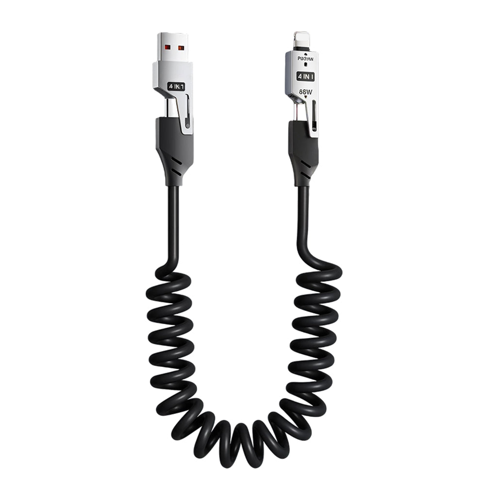 Verilux® 4 in1 Type C Cable with Spring, PD65W C Type Cable Fast Charging, 480Mbps Data Transfer USB to Type C Cable, Multi Adjustable Cable with Type C/USB A/Light-ning Port for iPhone 16/15, Black