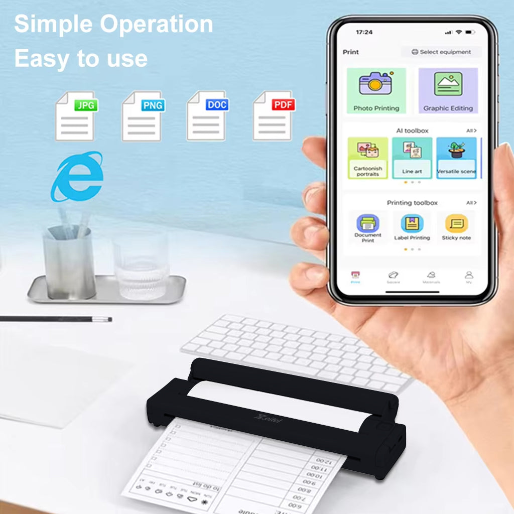 Zeitel® Wireless Bluetooth Printer A4 Size, Mini Portable Thermal Printer with 50 Sheet A4 Thermal Papers & 1 Roll of Printer Paper, 200DPI Inkless for Android & iOS