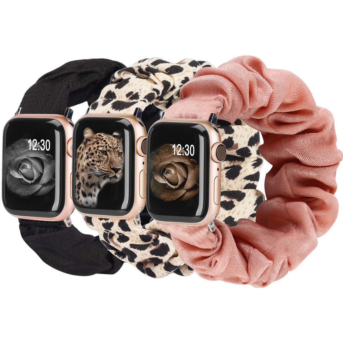 ZORBES® Compatible with iWatch 38/40/41mm, 3Pcs Stretchy Nylon Watch Bands for Women, Fashion Leopard Print and Pure Color Crinkle Scrunchie Watch Wristbands Wristlets