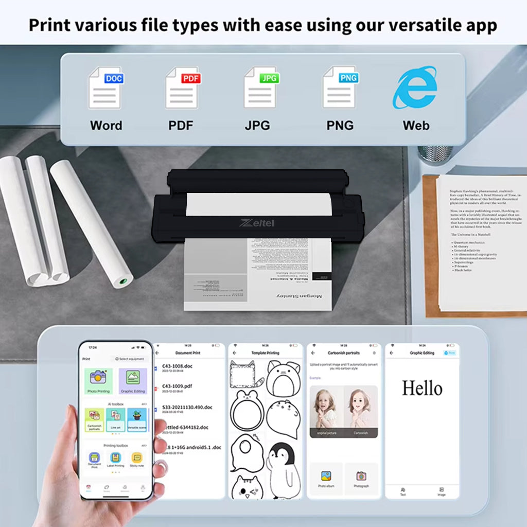 Zeitel® Wireless Bluetooth Printer A4 Size, Mini Portable Thermal Printer with 50 Sheet A4 Thermal Papers & 1 Roll of Printer Paper, 200DPI Inkless for Android & iOS