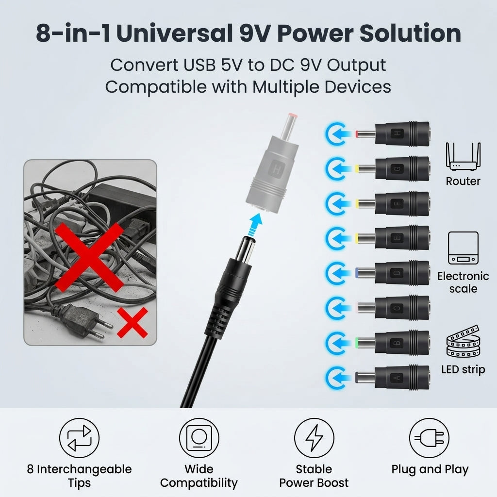 Verilux® USB to DC 9V Power Cord Universal Charging Cable with 8 Plugs