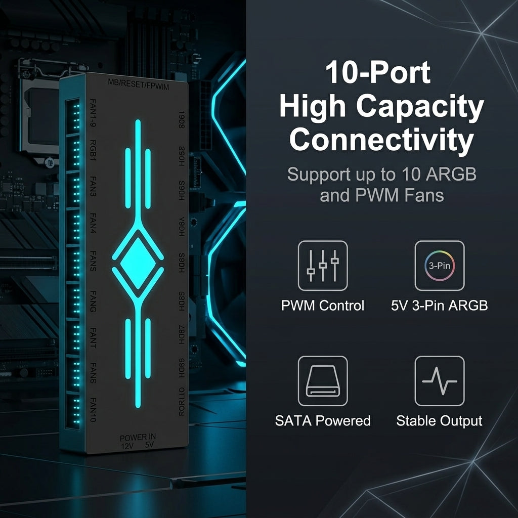 ZORBES® 10-Port ARGB & PWM Fan Hub with Remote Control