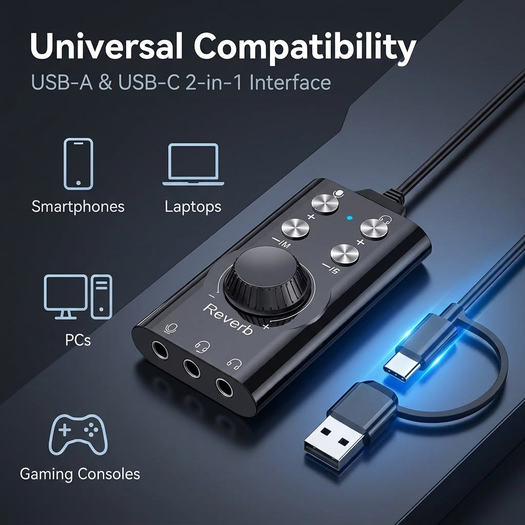 ZORBES® USB USB C External Sound Card Adapter with Reverb Effects