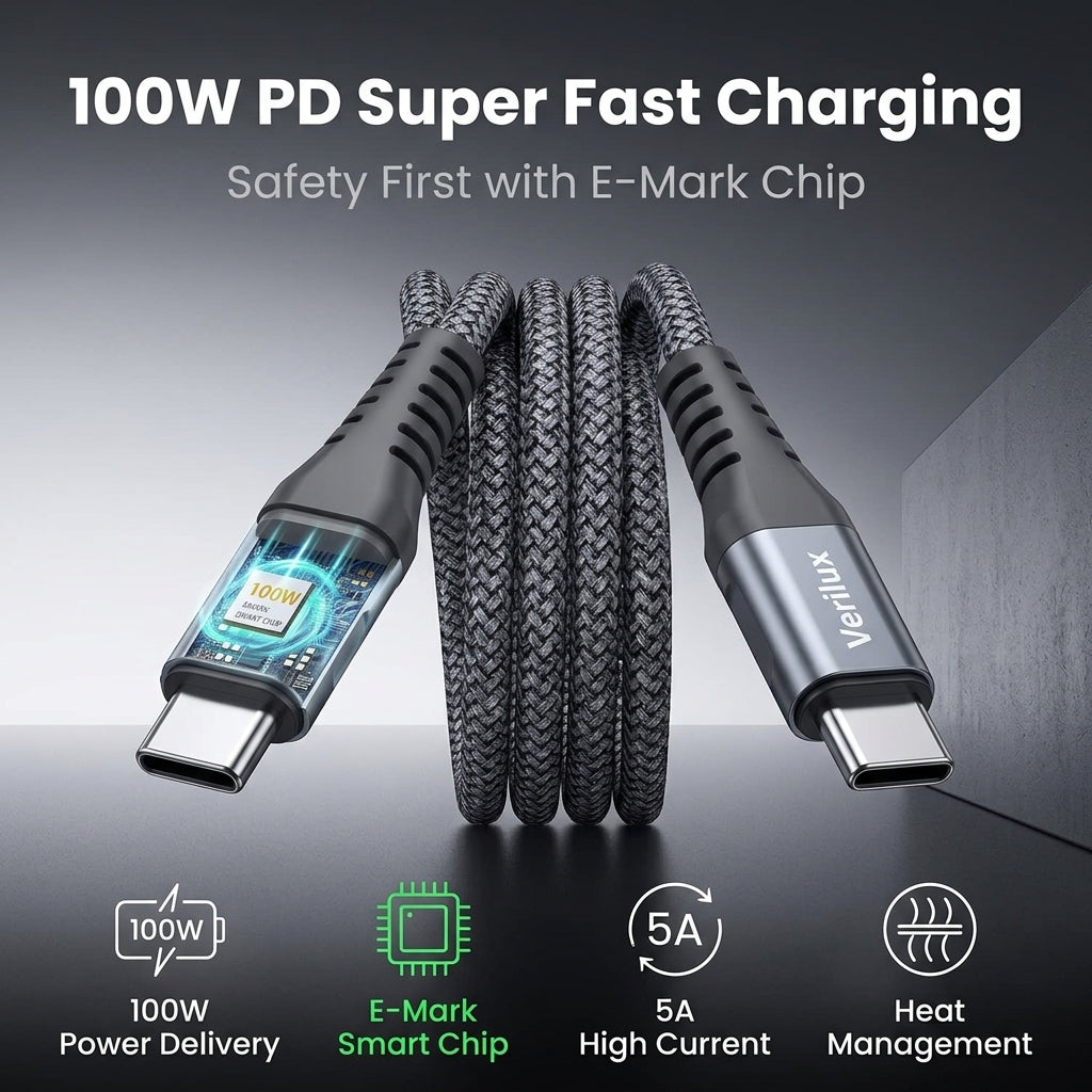 Verilux® 2 Pack PD 100W USB C to C Cable 6.6Ft Braided Fast Charger