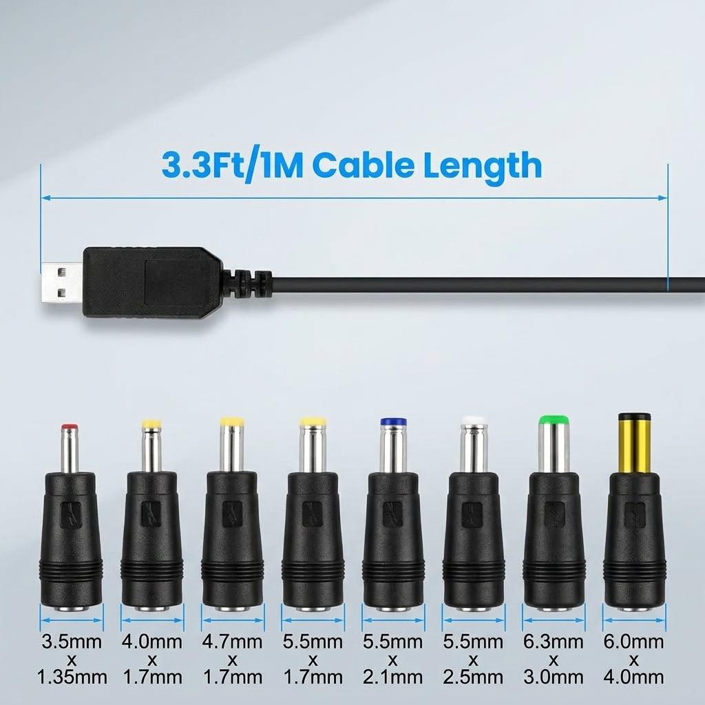 Verilux® USB to DC 9V Power Cord Universal Charging Cable with 8 Plugs