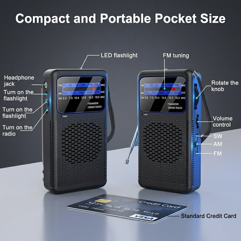 ZORBES® Mini Pocket Radio AM FM SW 3-Band Emergency Speaker