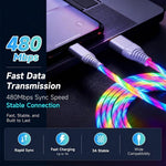 Verilux® PD 65W USB to Type C Cable with Dynamic RGB LED 6.6FT