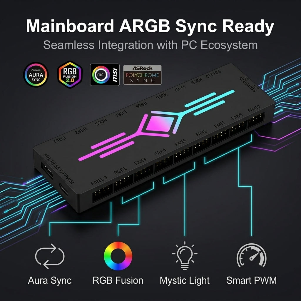 ZORBES® 10-Port ARGB & PWM Fan Hub with Remote Control