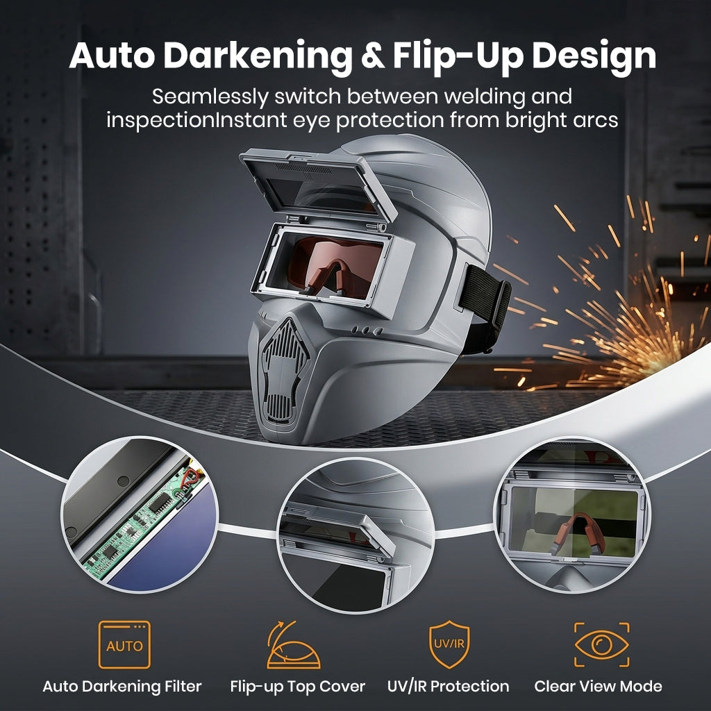 Serplex® Auto Darkening Welding Helmet with Flip-Up Design, Ventilated Full Face Protective Welding Mask with UV/IR Protection + 10 Replacement Lenses for MIG, TIG, Arc Welding & Metal Cutting