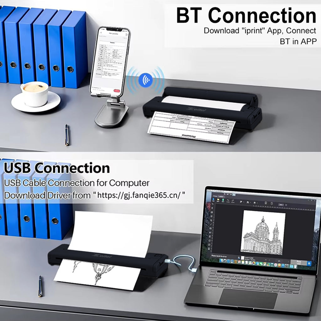 Zeitel® Wireless Bluetooth Printer A4 Size, Mini Portable Thermal Printer with 50 Sheet A4 Thermal Papers & 1 Roll of Printer Paper, 200DPI Inkless for Android & iOS