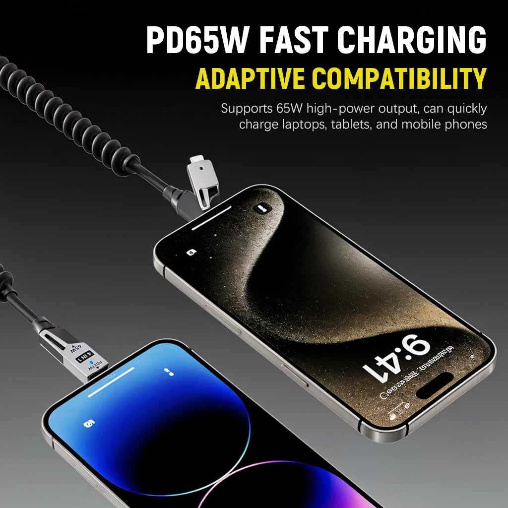Verilux® 4 in1 Type C Cable with Spring, PD65W C Type Cable Fast Charging, 480Mbps Data Transfer USB to Type C Cable, Multi Adjustable Cable with Type C/USB A/Light-ning Port for iPhone 16/15, Black