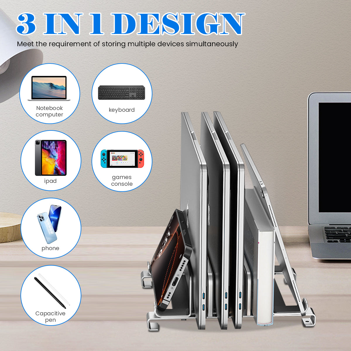 Verilux® Laptop Tablet Stand Multi Devices Desk Holder Organizer Stand Rugged Stainless Steel Desk Organizer Adjustable Spacing Design Utility Desk Stand for Laptop, Tablet, Phone, E-Reader