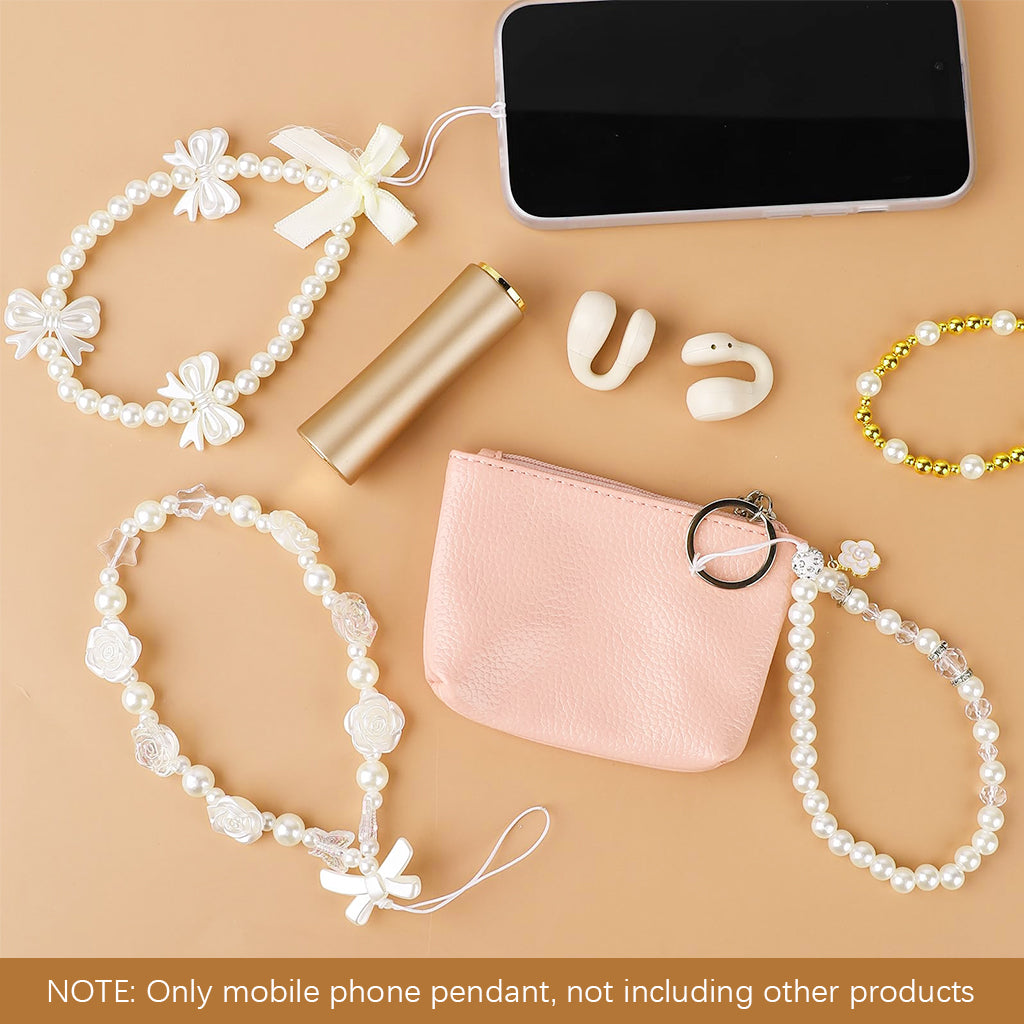 ZORBES® 3Pcs Chic Pearl Beaded Phone Charm Lanyard Flower Charm Bow Phone Loop String Phone Strap Phone Grip Lanyard Cute Girls Phone Charm Fashion Beaded Phone Chain Gifts for Girls.