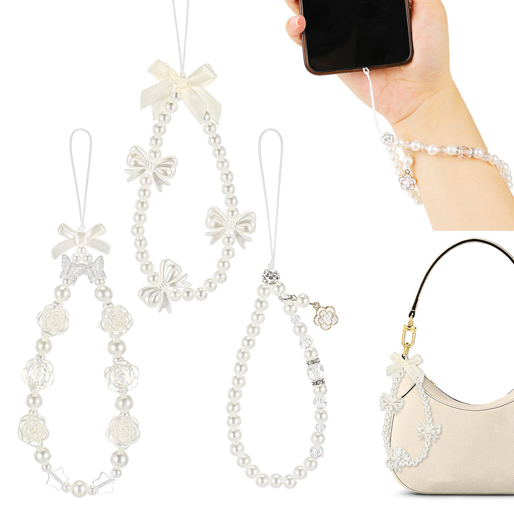 ZORBES® 3Pcs Chic Pearl Beaded Phone Charm Lanyard Flower Charm Bow Phone Loop String Phone Strap Phone Grip Lanyard Cute Girls Phone Charm Fashion Beaded Phone Chain Gifts for Girls.