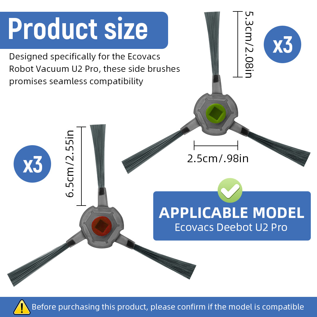 Verilux® 6pcs Replacement Side Brushes for Ecovacs Robot Vacuum U2 Pro Robust Nylon Bristle Side Brushes Spare Side Brushes