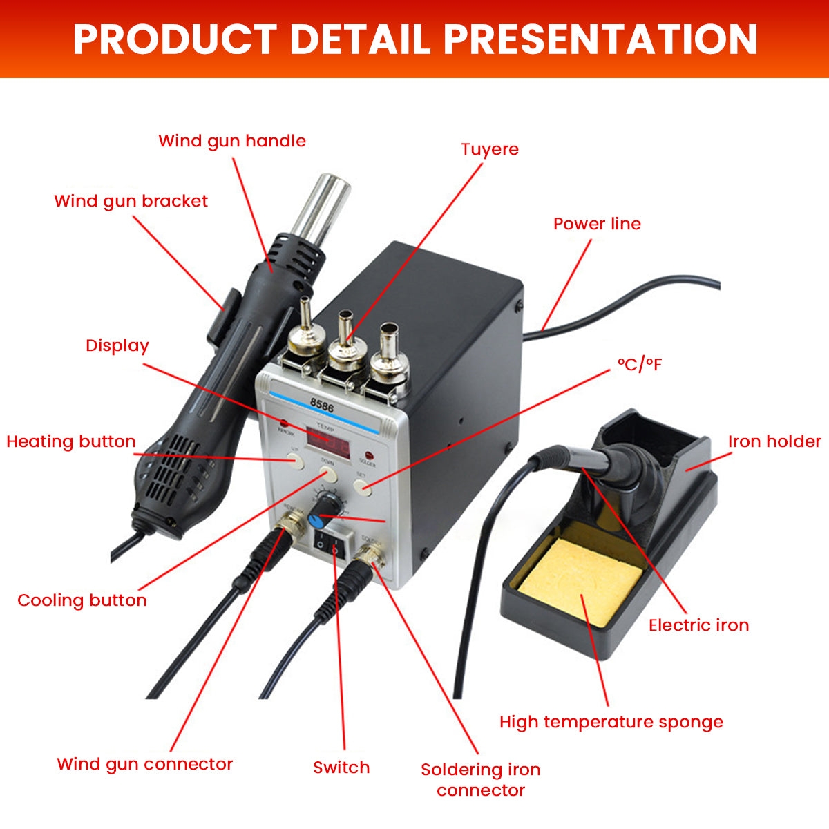 ZORBES® 2 in 1 Hot Wind Gun Solder Iron SMD Rework Soldering StationKit 700W/220V Tabletop Hot Wind Gun Tin Solder Iron Working Station Adjustable Soldering Station with LCD Digital Display