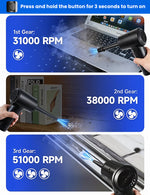 Verilux® Electric Air Duster 2 In 1 Air Blower Air Pump with 5 Nozzles, 3-speed Air Duster with LED Light USB Cordless Handheld Compressed Air Blower for Car Dusting, Keyboard Maintenance