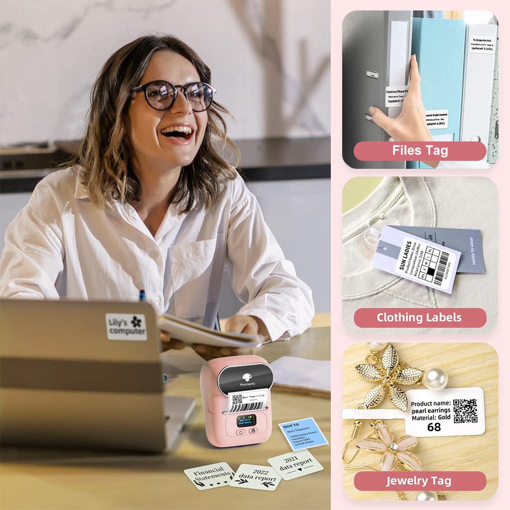 ZORBES® Thermal Printer, Mini Bluetooth Thermal Print Inkfree Printer Compatible with Android & iOS System, Label Printer Black on White with 1 Roll of Print Paper, Pink - verilux