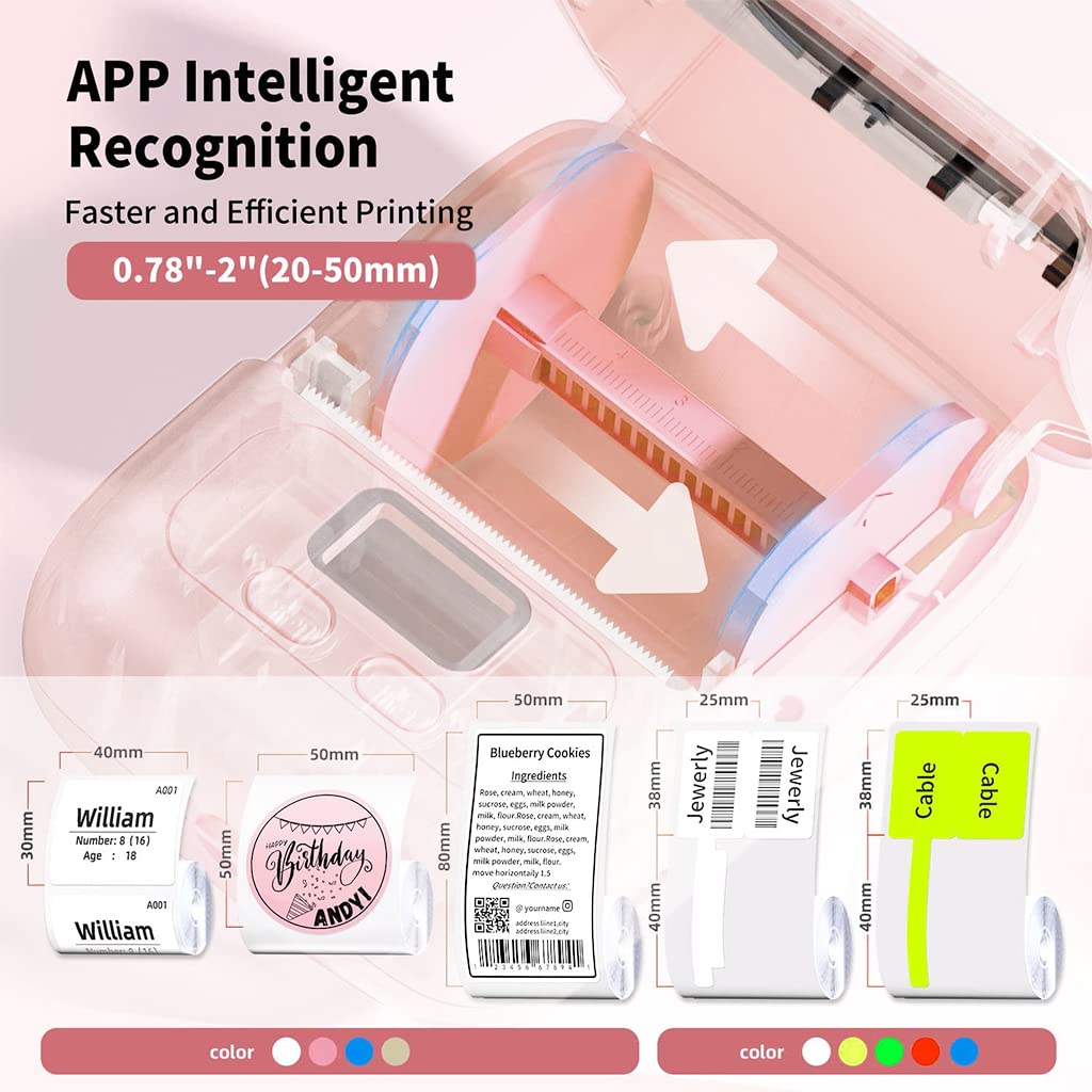 ZORBES® Thermal Printer, Mini Bluetooth Thermal Print Inkfree Printer Compatible with Android & iOS System, Label Printer Black on White with 1 Roll of Print Paper, Pink - verilux