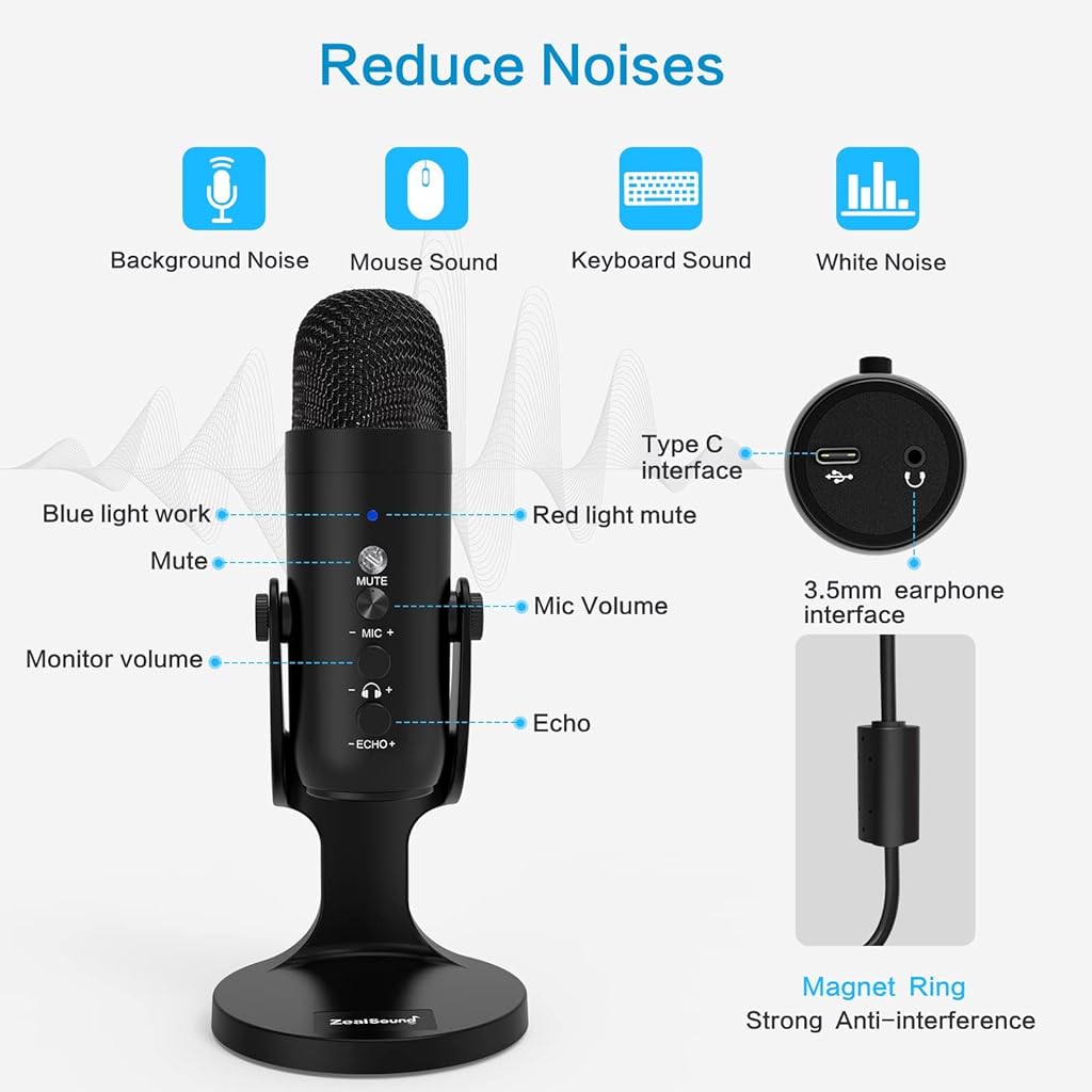 ZORBES® Professional Condenser Microphone,Stereo Microphone with Volume Knob & Headphone Output,Microphone with Stand,HiFi Condenser Microphone for YouTube,Gaming,Livestream,ASMR Recording - verilux
