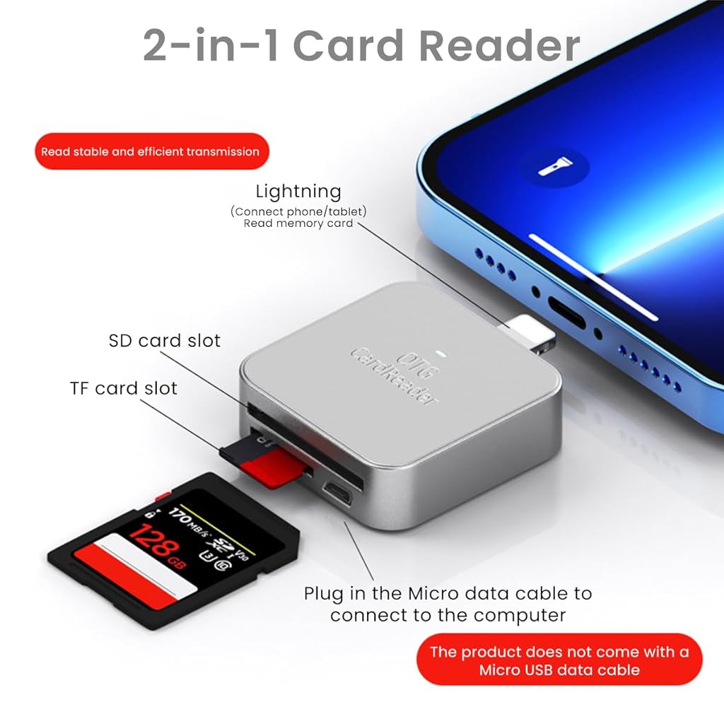 Verilux® Card Reader for iPhone 2 in 1 SD Card Reader for iPhone iPad Camera, Micro SD Card Reader wirh Micro USB Port Supports SD and TF Card Micro SD Card Adapter for iPhone iPad No App Required - verilux