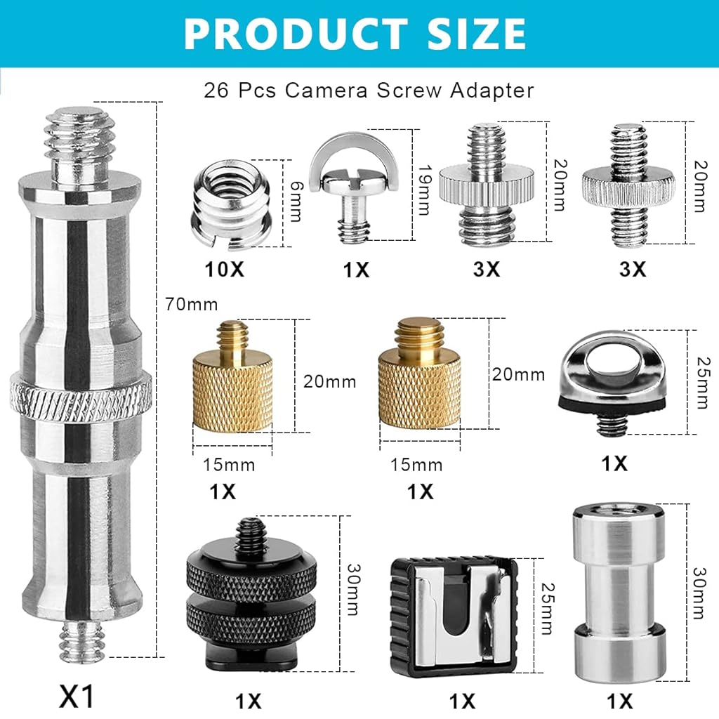 ZORBES® Camera Tripod Adapter, 26Pack Camera Screw Mount Set 1/4 to 1/4 Tripod Screw, 1/4 to 3/8 Camera Mount Adapter, Hot Shoe Adapter, Tripod Mount Adapter Set for Tripod/Monopod/Quick Release Plate