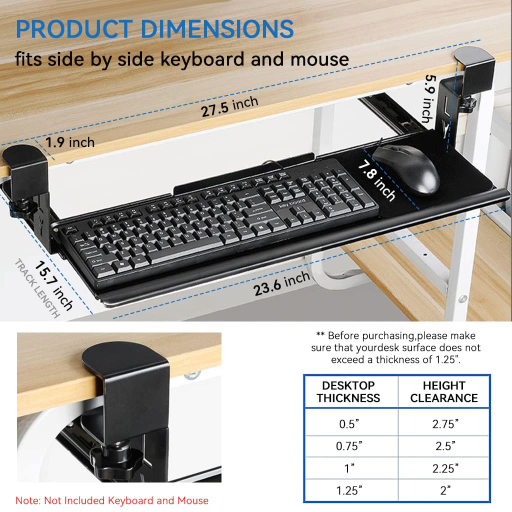 Verilux Keyboard Stand with Mouse Mat, Keyboard Tray Under Desk, Pull Out Keyboard Rack, Nail-Free Installation Drawer Style Keyboard Rack Clamp Mount Pull Out Keyboard Holder for PC/Office Desk - verilux